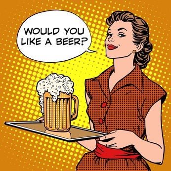 The waitress beer on a tray pop art retro style. Beer festival or a restaurant. Alcoholic beverages. Would you like a beer