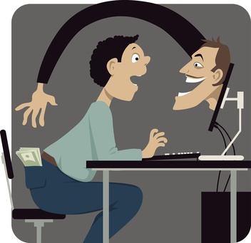 Online scammer reaching to steal money out of a pocket of a naive internet user, vector illustration, EPS 8